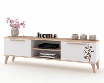 Produktbild von TV-Lowboard Fernsehschrank KING STEHEND MIT GRIFFEN Sonoma Eiche/Weiß Matt 120cm, KI-generiertes Bild