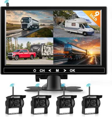 Productafbeelding van Draadloze 4-camera-set, 9-inch-monitor, waterdicht, nachtzicht, 18 IR, 12/24 V, voor camper, vrachtwagen, aanhanger