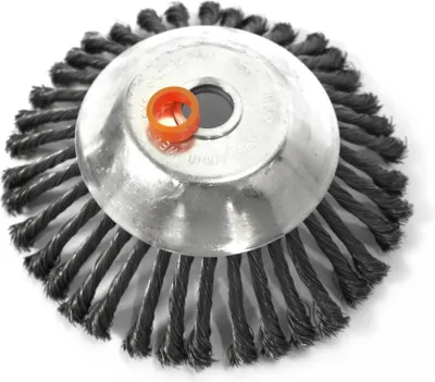 A close-up studio shot of a wire brush head for a string trimmer.
