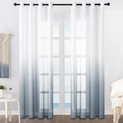 Image de Voilage Rideau transparent - Faux lin dégradé gris - 140 x 160 cm - 2 panneaux - Oeillets inox