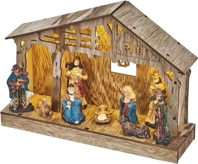Produktbild von EMOS Weihnachtskrippe mit handbemalten Figuren, Weihnachtsdekoration mit 5 LEDs, warmweiß, batteriebetrieben (3x AA), 6h Timer, DCWW14