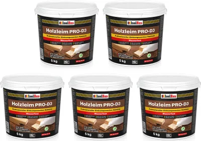 Produktbild von Isolbau Holzleim PRO-D3 - 5 x 5 kg Eimer Extra starker Holzkleber für alle Holzarten, für Innen & Außen, Wasserfest, Lösemittelfrei