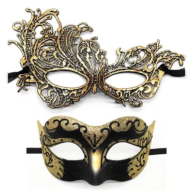 Productafbeelding van Venetiaanse masker set, 2 stuks, goudkleurig, voor kostuumfeesten