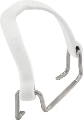 Weiße vordere Bindung aus Kunststoff und Metall von Petzl mit gebogenem Metallrahmen