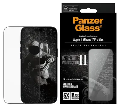 Produktbild von PanzerGlass ® Ceramic II Displayschutz iPhone 17 Pro Max | Ultra-Wide Fit m. EasyAligner, Apple, Apple - iPhone 17 Pro Max, Trockene Anwendung, Kratzresistent, Schockresistent, Transparent, 1 Stück(e)