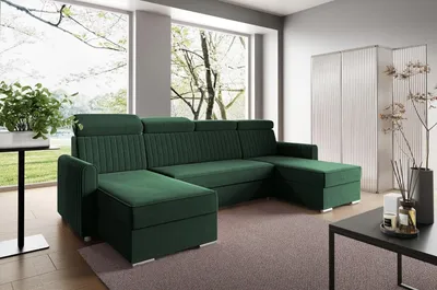 Produktbild von LIKMA Flaschengrün Ecksofa Neli U-Form 274x162 cm mit Schlaffunktion (254x125 cm) Eckcouch mit Bettkasten und Verstellbare Kopfstützen Wohnlandschaft Bettsofa mit 2x Stauraum Polstermöbel Sofa