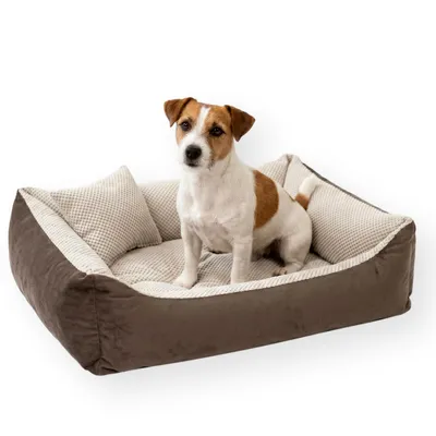 Produktbild von 4L Textil TEO Kuscheliges Hundebett mit Rand, abnehmbarer waschbarer Bezug, für große Hunde, 120x100 cm, Braun-Beige