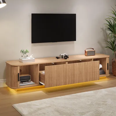 Produktbild von Merax TV Lowboard mit LED Beleuchtung, TV Schrank mit Schubladen Wellenmuster, Wohnzimmerschrank mit Schiebetüren in Rillenoptik, Fernsehbank,Natur