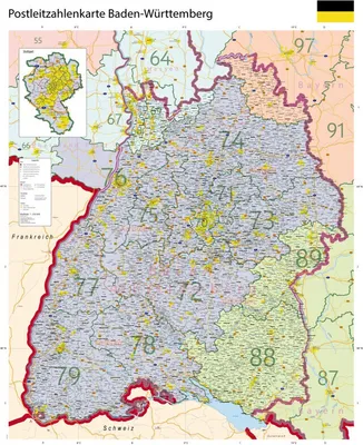 Produktbild von GeoMetro Regional-Karte Baden-Württemberg Postleitzahlen PLZ (100 x 123 cm)