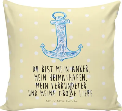 Produktbild von Mr. & Mrs. Panda Kissen 40x40 Anker Blau - Gelb Pastell - Geschenk, Polster, kuschelkissen, Gute Laune, Dekokissen, für sofa, Kuschel