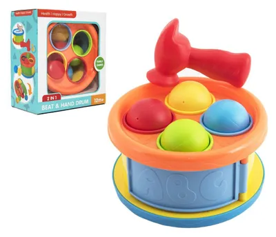Obrázok produktu pre Bubienok 17 cm 2 v 1, plastový, s kladivkom a 4 loptičkami, v krabici 18 × 20 × 10 cm, od 12 mesiacov