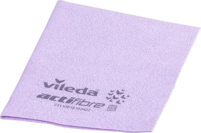 A folded purple microfiber cloth with branding.