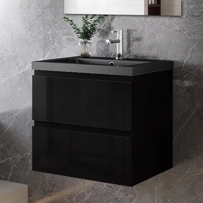 Produktbild von 60 cm Badmöbel-Set Unterschrank mit Schwarz Mineralguss waschtisch 2 Schubladen soft-close Hochglanz Schwarz Selbstmontierter