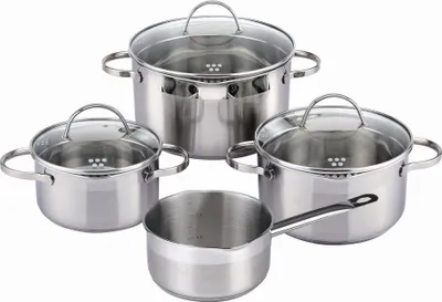 Zdjęcie produktu dla Zestaw rondli SSW Comfort ze szklaną pokrywką i funkcją nalewania ze stali nierdzewnej 7 szt