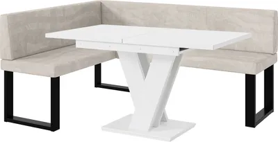 Produktbild von MEBLINI Eckbank für Esszimmer mit ausziehbarem Tisch  - Küchenbank - Essecke - Sitzecke Küche - TONI - U-Beine 128x168x87cm Links - Beige Samt/M Weiß Matt