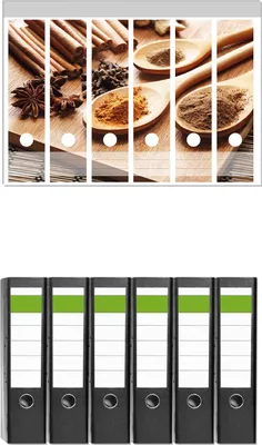 Produktbild von Wallario 6 Stück breite Ordner inkl. Klebeetiketten mit Motive Kräuter und Gewürze auf Holzlöffeln -  Set mit Rückenschildern / Ordnerrücken Stickern