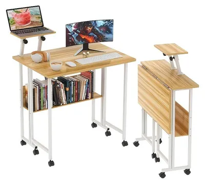 Immagine prodotto di Scrivania pieghevole con ripiano portaoggetti e ruote - Scrivania ergonomica regolabile in altezza per computer
