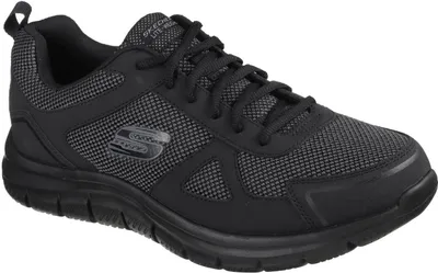 A black Skechers men's sneaker is shown from the side against a white background.