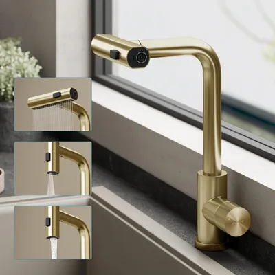 Produktbild von doporro Wasserfall Wasserhahn Küche Hochdruck mit 3 Strahlarten und Einhebel-Mischbatterie, ausziehbare Spültischarmatur Gebürstet gold Turnix-02