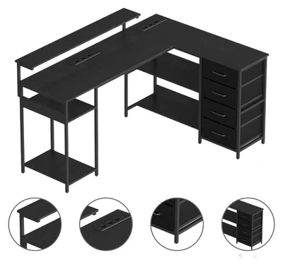 Productafbeelding van Zimilo L-vormig bureau met stopcontact en monitorhouder, computerbureau met 4 lades, bureau voor thuiswerk, 120x110 cm, zwart