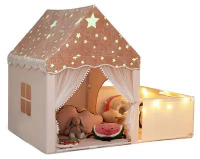 Produktbild von COSTWAY Spielzelt Indoor, 2 in 1 Kinderzelt mit Laufstall, Matte, Lichtern & Fenster, Spielhaus, Bettzelt in Hausform für Jungen & Mädchen ab 3 Jahren