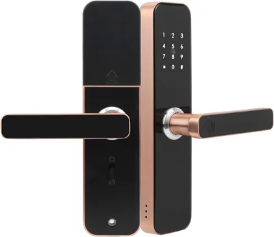 Imagen del producto de Cerradura inteligente para puerta con entrada sin llave, controlada a través de una aplicación WiFi, con desbloqueo mediante huella dactilar, tarjeta IC y función antirrobo. Puerta de entrada segura con manija