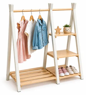 Immagine prodotto di Relaxdays, appendiabiti per bambini, in legno di pino, con barra appendiabiti e ripiano, dimensioni: 111,5 x 112 x 48 cm, ideale per la cameretta, colore: naturale/bianco