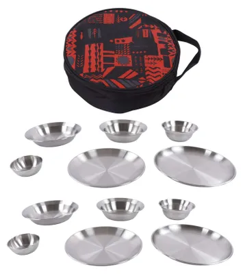 Produktbild von 12-teiliges Camping-Geschirrset aus Edelstahl, bestehend aus Tellern, Schüsseln und einer Aufbewahrungstasche, ideal für Outdoor-Aktivitäten wie Wandern und Camping.