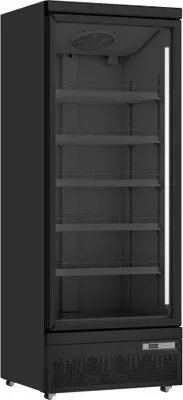 A black commercial refrigerator with a glass door, showing empty shelves inside. The bottom part has vents and a control panel.