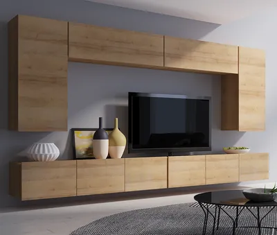 Produktbild von Moderne Wohnwand CALABRINI-13 Wohnzimmer-Set Hängewohnwand Schrankwand Hochglanz TV-Schrank Anbauwand (Goldene Eiche)