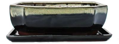 Productafbeelding van Bonsai-pot met onderschaal, maat 4. Speciale glazuur met een elegante kleurovergang. Rechthoekig, model G117, zwart-wit. Lengte: 25,5 cm, breedte: 19,5 cm, hoogte: 8,2 cm