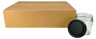 A cardboard box and a glass jar with a black lid are shown against a white background.