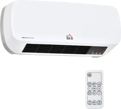 A white wall-mounted heater and its remote control are displayed against a white background.