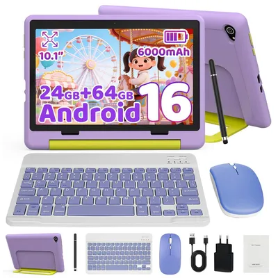 Immagine prodotto di Tablet Android 16 JENBIZZ per bambini, display da 10 pollici, 64 GB di RAM, espandibile fino a 1 TB con scheda TF, controllo parentale, doppia fotocamera, Wi-Fi