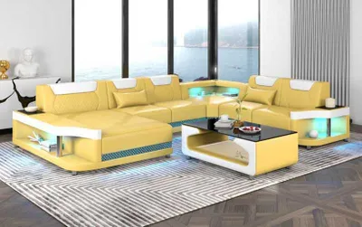 Produktbild von Großes Sofa Wohnlandschaft LED XXL U Form Ecksofa Ledersofa Beige