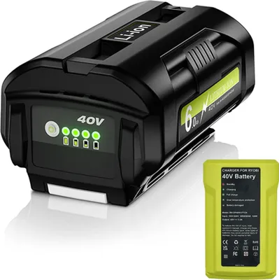 A black 40V lithium-ion battery pack and a yellow charger for a Ryobi 40V battery are shown on a white background.