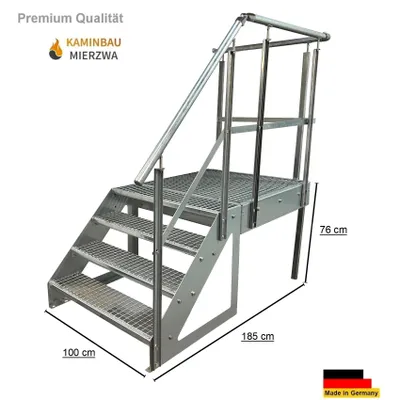 Zdjęcie produktu dla Schody na podest Schody stalowe wolnostojące 4 stopnie Wysokość 76cm wraz z podestem 100x100cm z poręczą Ocynkowane / Schody wyrównujące lewe / Schody zewnętrzne