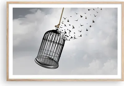 Produktbild von Gerahmtes Poster - Rahmen in heller Eiche - Freiheit Käfig Vögel - 91,5x61 cm - Wand Bild - Wanddeko - Wandbilder - Kunstposter - Wandposter - Bilderrahmen - Bilder - Kunstdruck - P2NAA91x61-4997