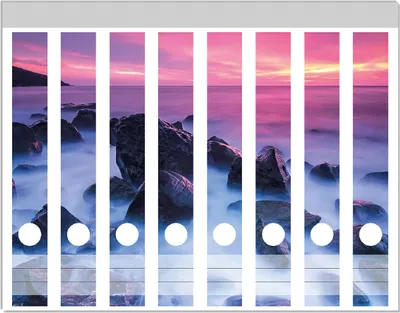 Produktbild von Wallario Ordnerrücken Sticker, selbstklebend für schmale Ordner, 8 Stück, Motiv Felsen im Meer bei Sonnenuntergang