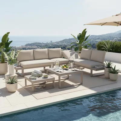 Produktbild von Gartenmöbel-Set in Eckstellung mit verstellbarer Neigungsfunktion (5-stufig bis 55°) – verzinktes Stahlrohr, Tischplatte aus Kunststoffholz, inkl. 2 Couchtischen,Khaki