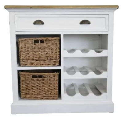 Image de Casa Padrino Commode de style rustique avec tiroir et 2 paniers en rotin blanc antique / naturel 80 x 35 x H. 80 cm - Commode faite main avec casier à bouteilles