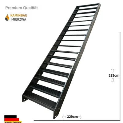 Produktbild von Premium Wangen- Treppe Stahltreppe Gitterroststufen 17 Stufen Höhe 323 cm Breite 140 cm komplett in Anthrazit RAL 7016 - Außentreppe / Metalltreppe
