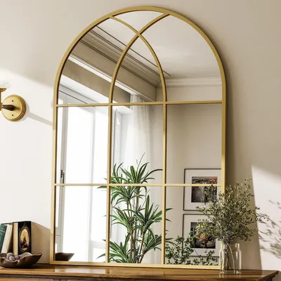 Produktbild von Wandspiegel Bogen 75 x 100 cm Fischgrätenrahmen Gold gehärtetes Glas
