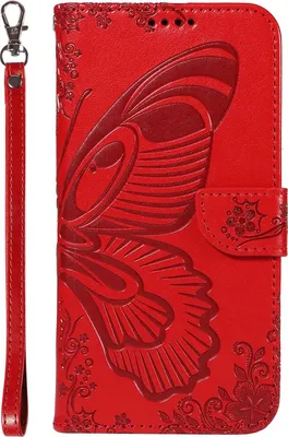 A red flip case with a butterfly embossed on it, with a wrist strap attached.