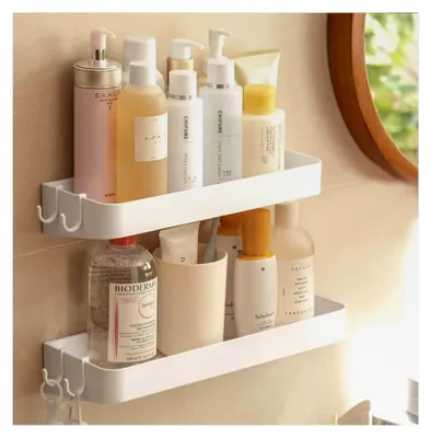 Produktbild von Badezimmerregale ohne Bohren, 2 Stück, Duschregal mit 6 abnehmbaren Haken, Badregal, Badezimmerablagen für Waschbecken, Wandablage für Bad, Toilette und Küche, Weiß