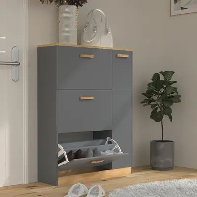 Produktbild von VCM Holz Regal Kipper Schuhregal Schuhschrank Schuhkipper 3 Klappen 1 Drehtür Halom L