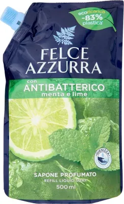 Produktbild von Felce Azzurra Antibacterial Mint and Lime Refill, Haut, Flüssigseife, Nachfüllbeutel, Antibakteriell, Bernstein, Jasmin, Maiglöckchen, Limette, Minze, Moschus, Orchidee, Teebaumöl
