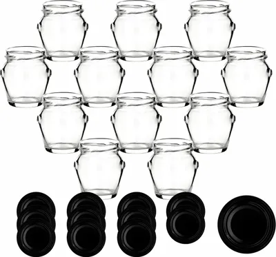 Produktbild von gouveo 12er Set Einmachgläser 106 ml Henkel mit Schraubverschluss schwarz - Kleines Vorratsglas mit Deckel für Marmelade und Selbstgemachtes