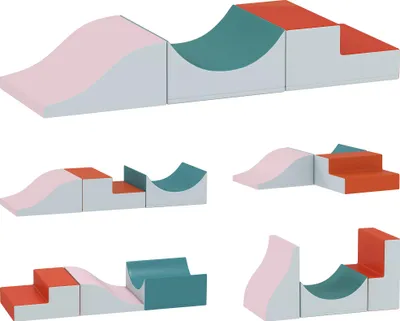 Multiple configurations of soft play blocks for children.