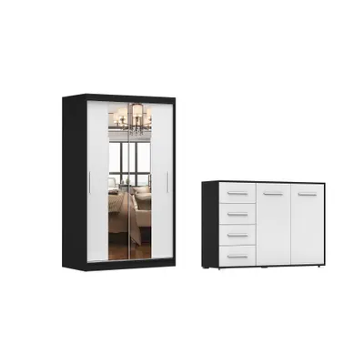 Produktbild von 2er-Set Schwebetürenschrank Schrank Kleiderschrank mit Spiegel Schwarz/Weiß 120cm NEOMI 01 mit Kommode 135cm FRIDA 01